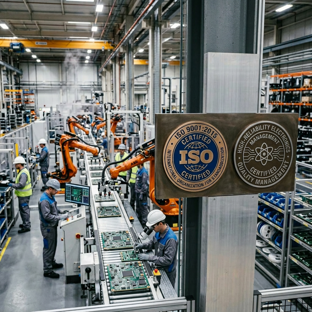 Automotive factory assembly line with robotic arms and workers wearing safety helmets and vests, ISO 9001 and IATF 16949 certification signs.