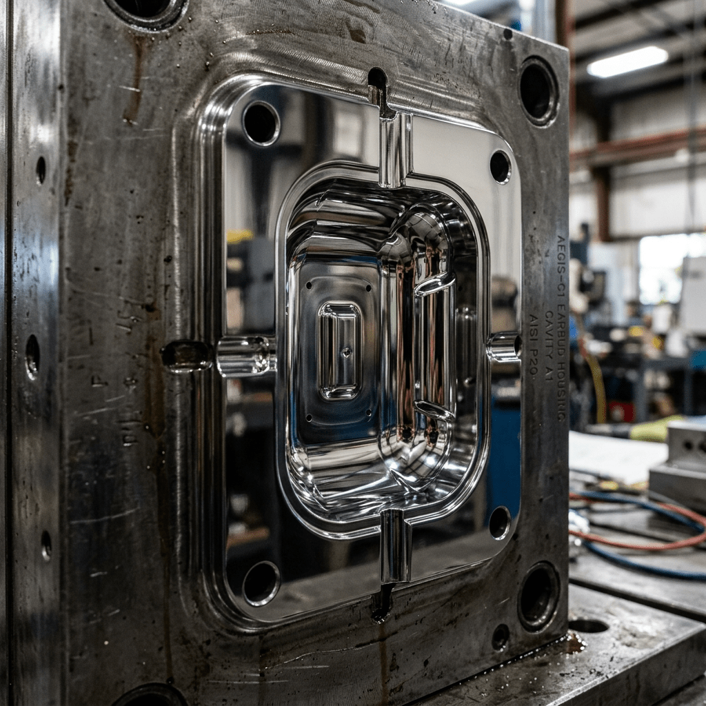 Polished metal injection mold cavity in industrial workshop setting