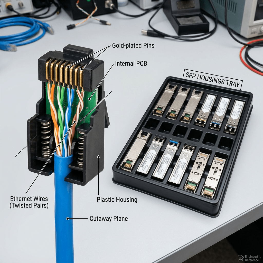 Cutaway Ethernet connector showing gold-plated pins, internal PCB, twisted pair wires, plastic housing, with SFP modules in a tray
