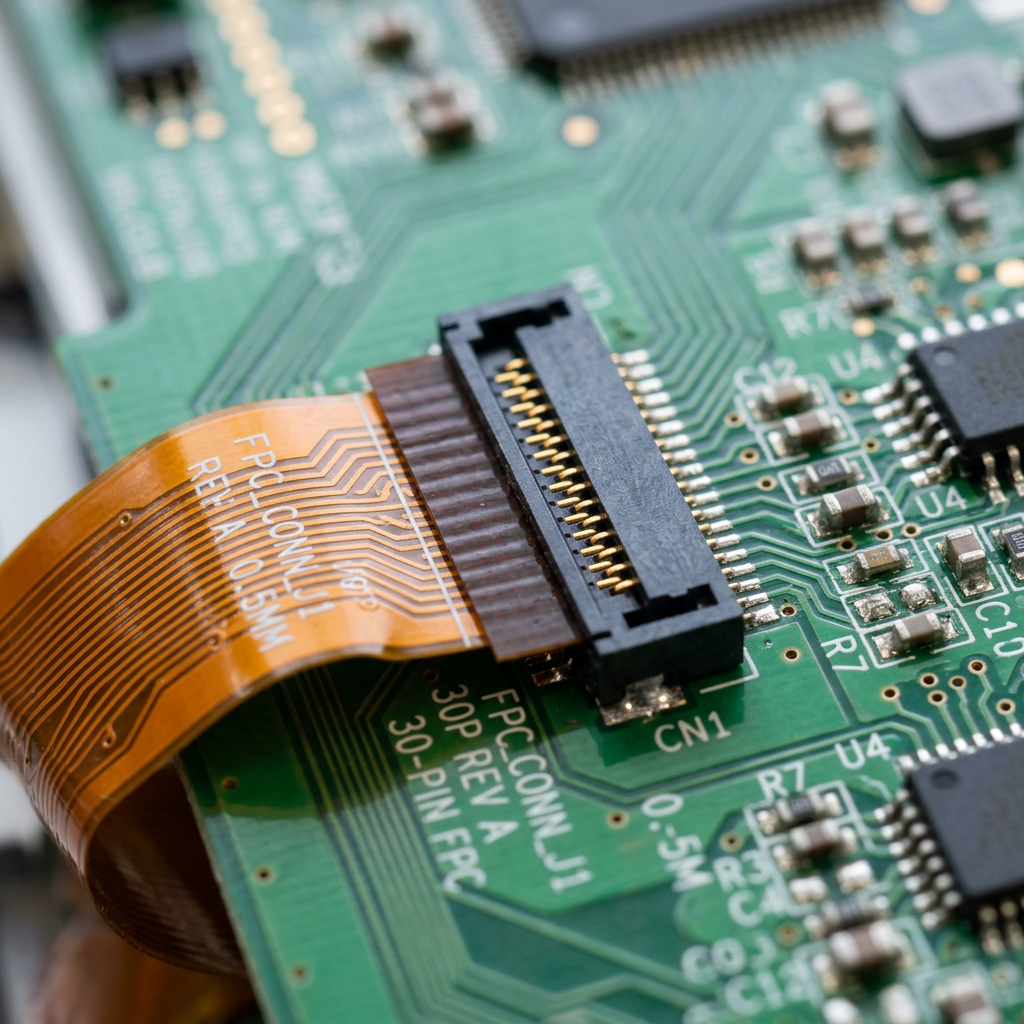 Flexible flat cable plugged into a connector on a green printed circuit board with electronic components