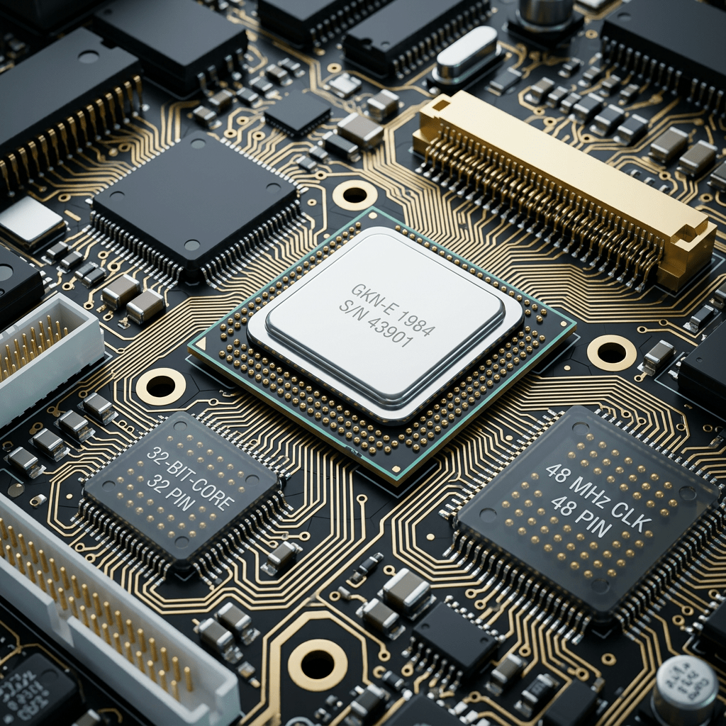 Close-up of a dusty microprocessor chip labeled GKN-E 1984 with surrounding chips and circuit traces