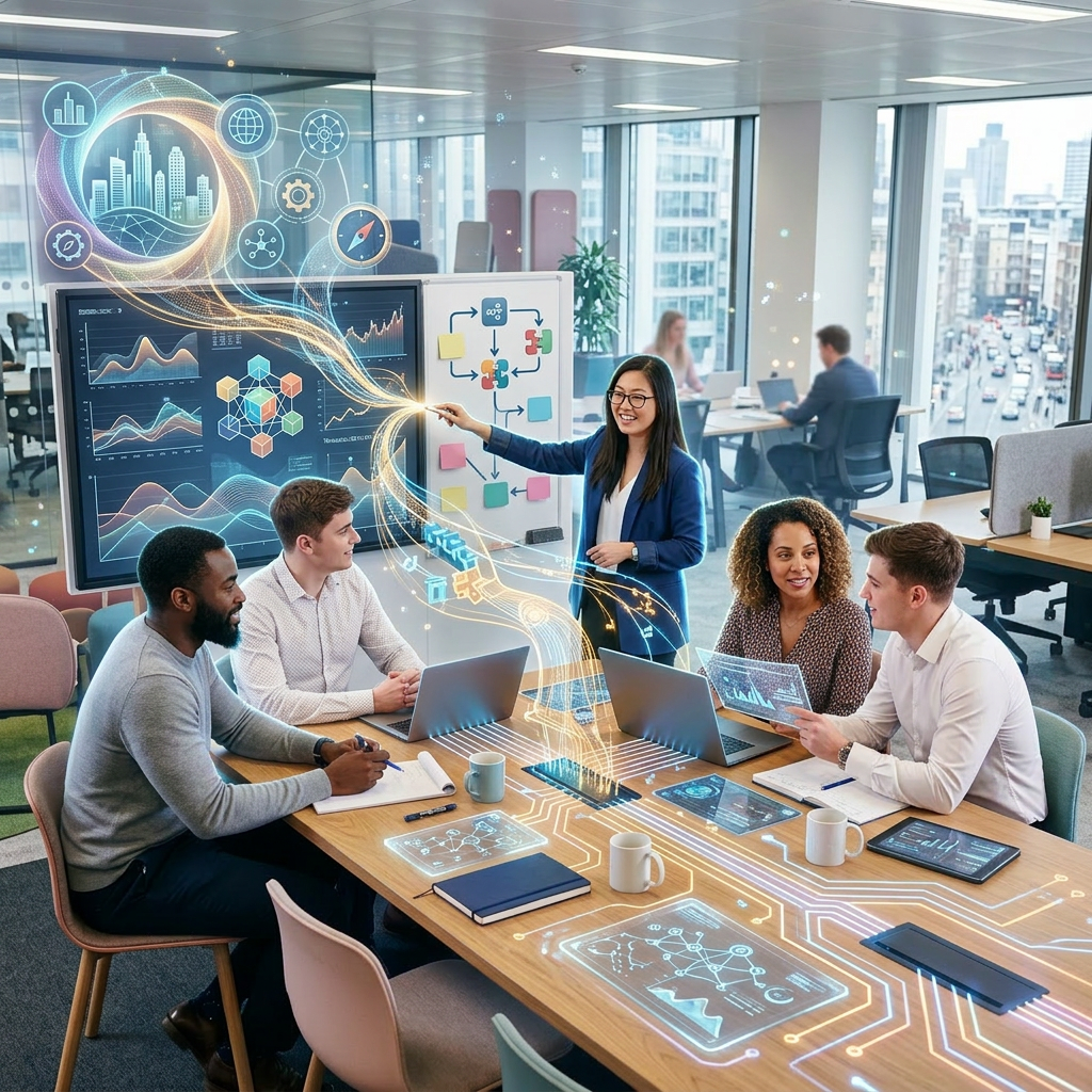 Team meeting with charts and strategies on whiteboards in office