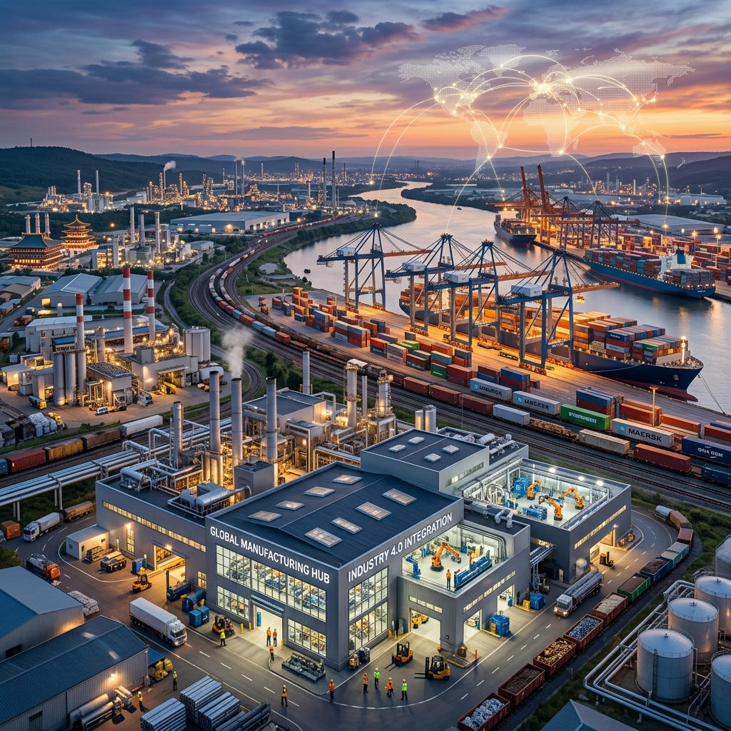 Modern manufacturing facility with robots and shipping containers at a busy port