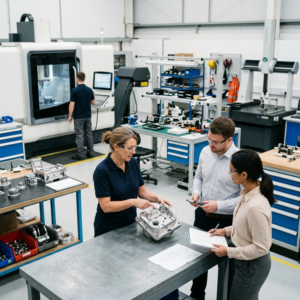 Three engineers reviewing a machined metal component in a workshop