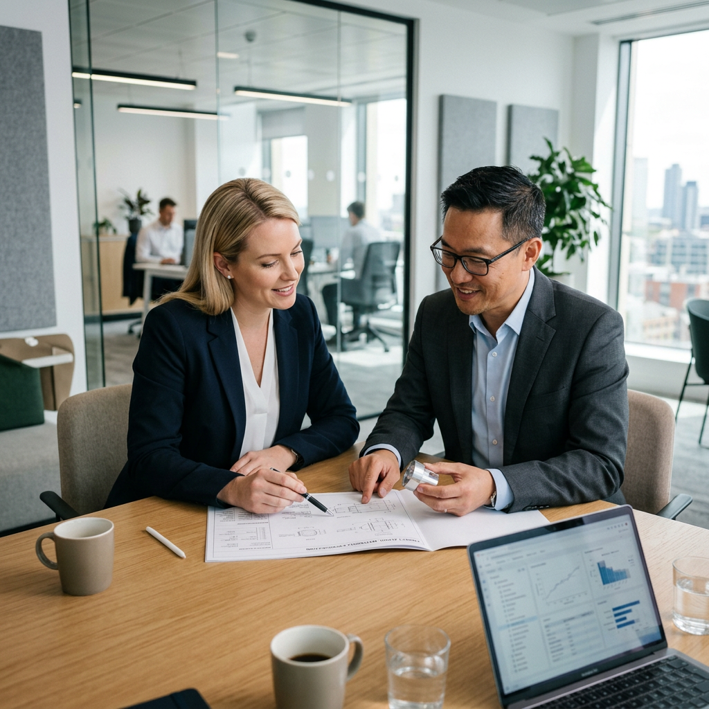 Two colleagues reviewing plans beside a laptop in a modern office
